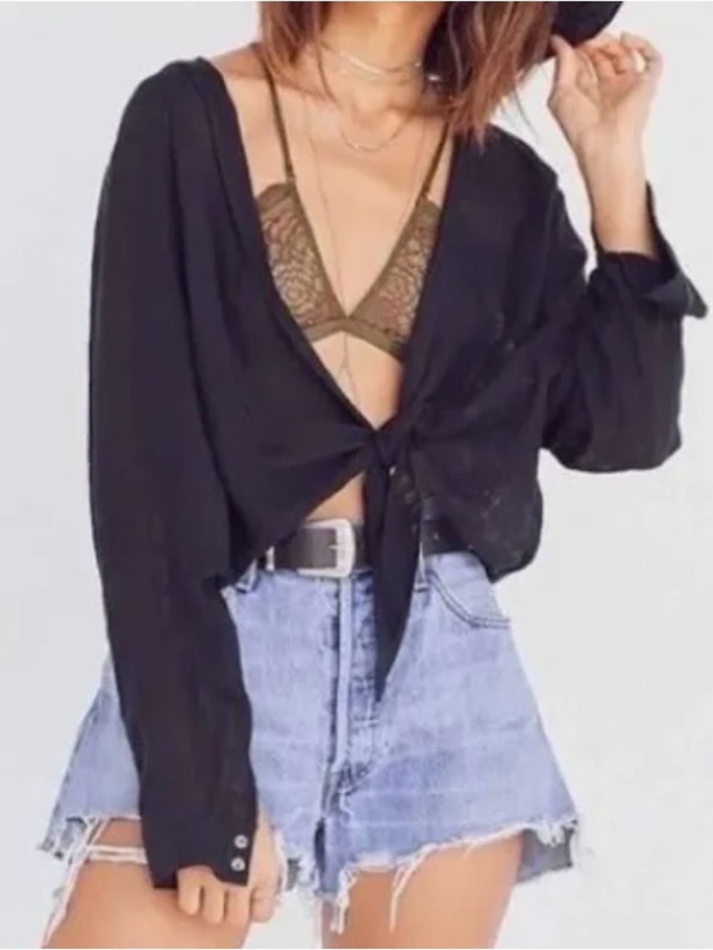 Washed Black tie front blouse, summer swimsuit coverup, festival, BDG